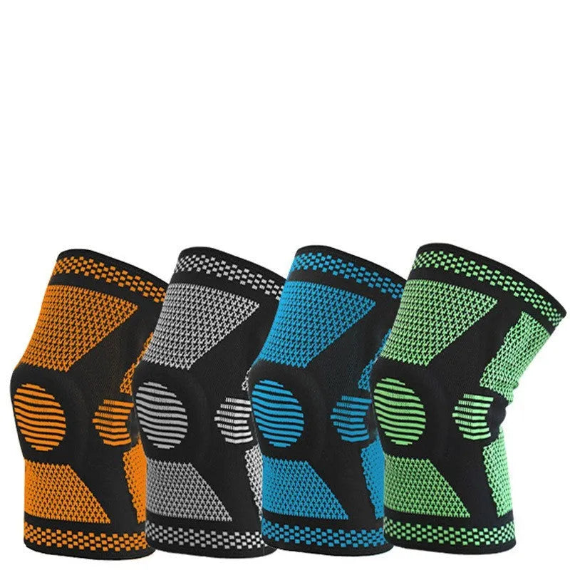 Sports silicone spring knee pad in polyamide fabric showing protective zone, available in multiple colours and sizes
