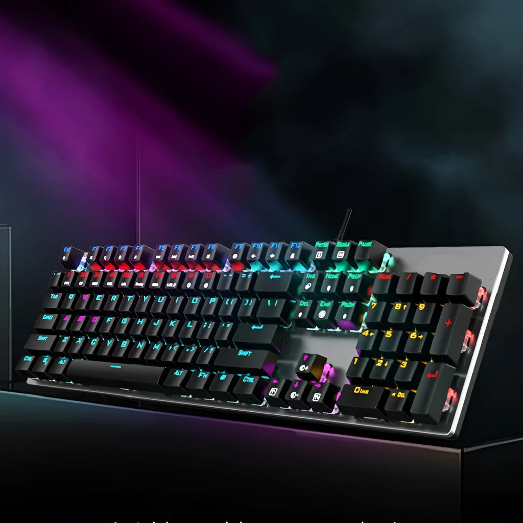 GK410 mechanical keyboard with green switches and metal construction showing full 104-key layout