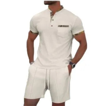 Men's grey zip-front polo collar short sleeve jacket and matching shorts set laid flat.