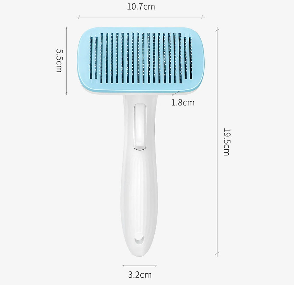 Automatic pet hair removal comb for dogs and cats in blue, grey, green, or pink colours