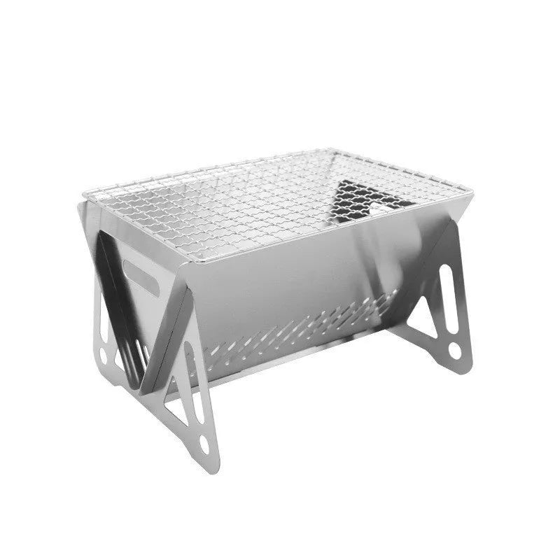 Folding stainless steel barbecue oven with large grill plate and storage bag.