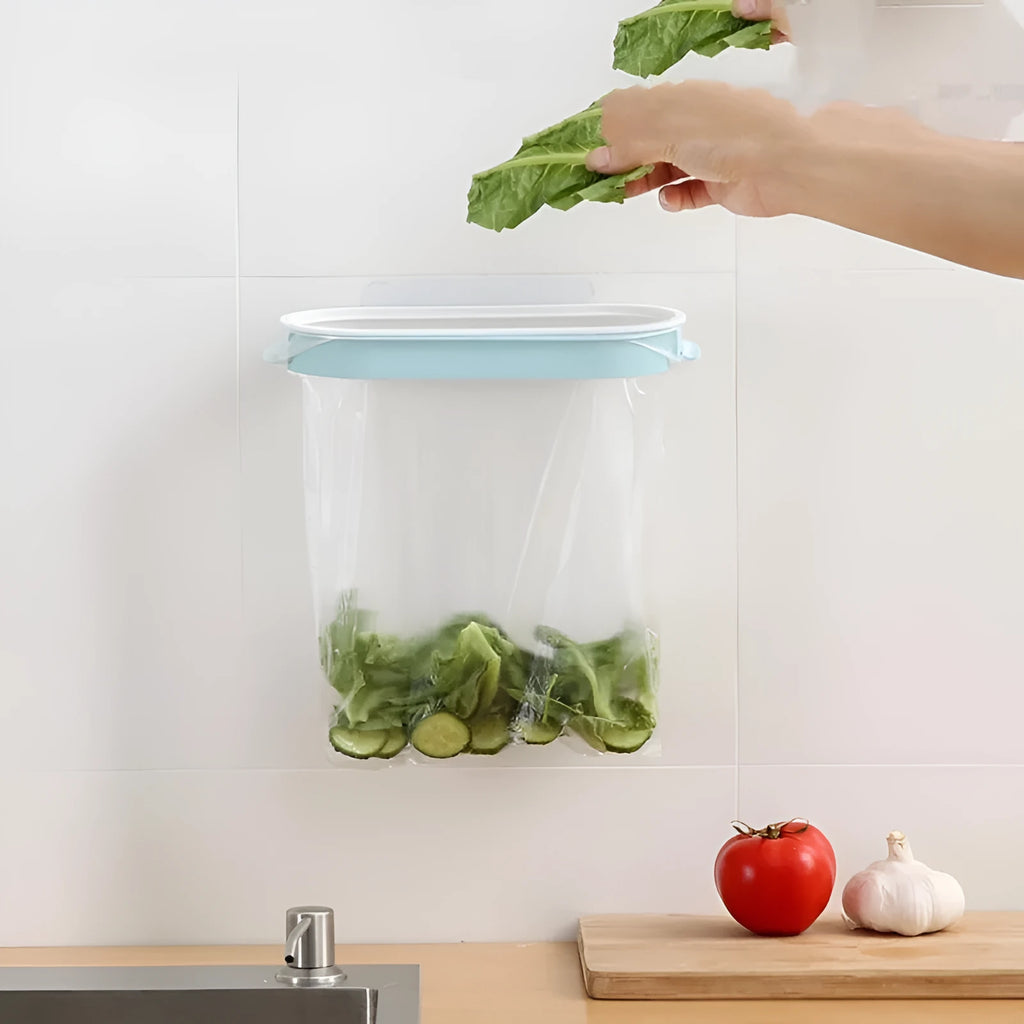 Blue plastic kitchen garbage bag storage rack holding a roll of bin liners.