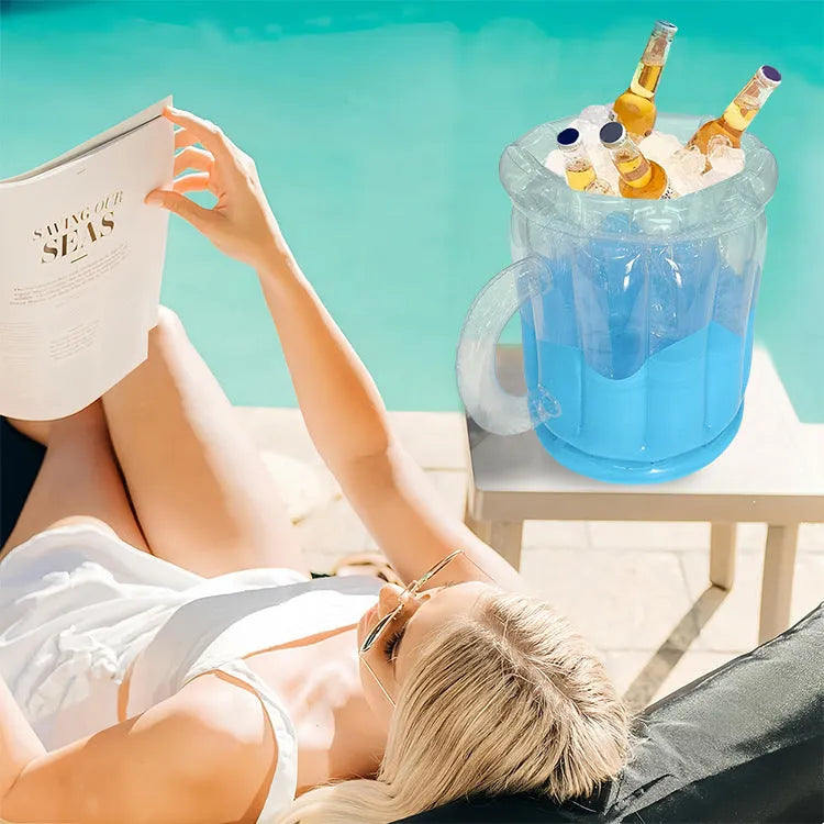 Yellow inflatable PVC ice bucket for portable drink cooling at parties and outdoors.