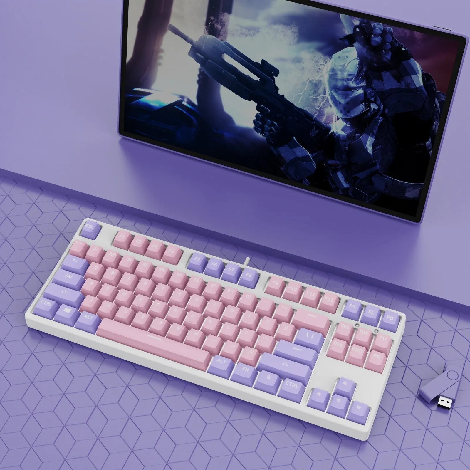 87-key wired mechanical keyboard with two-tone keycaps in orange and yellow colour combination