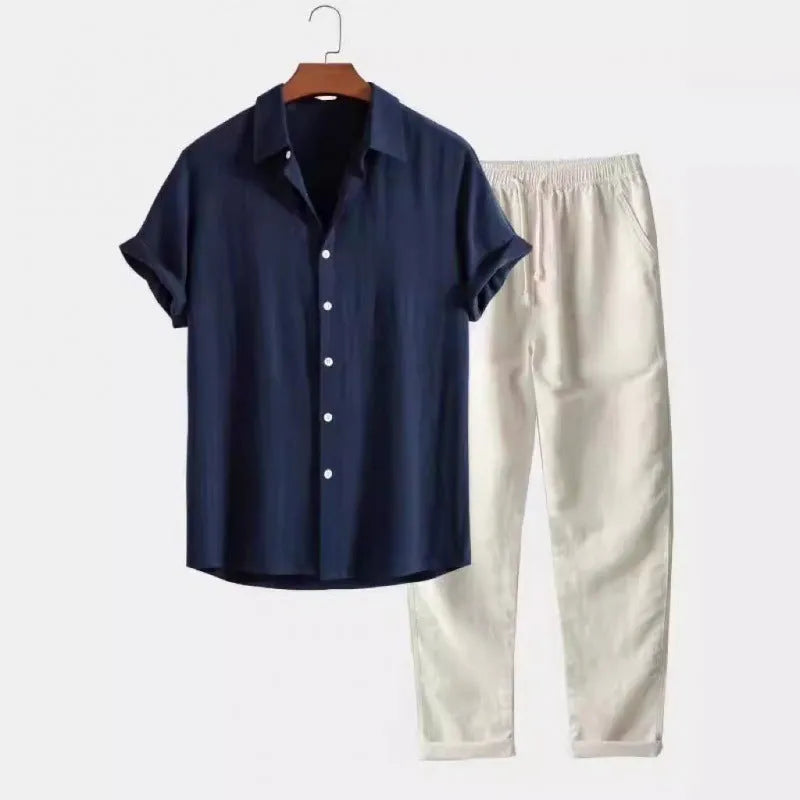 Men's casual linen-style shirt and trousers two-piece set in coordinating colours