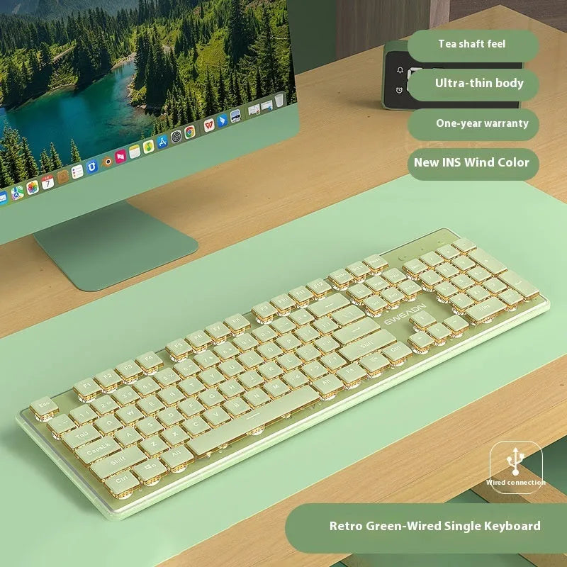 Prewalker V3 mute keyboard and mouse suit in retro green colour on a desk
