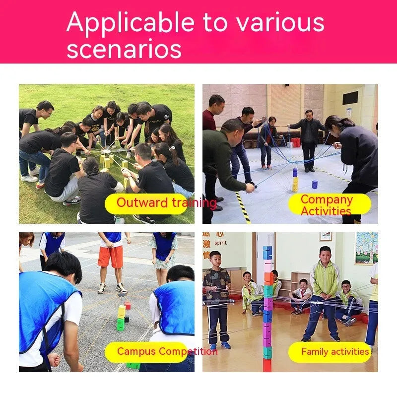 ABS team building game equipment with multiple coloured tower blocks, pull ropes, and assembly components