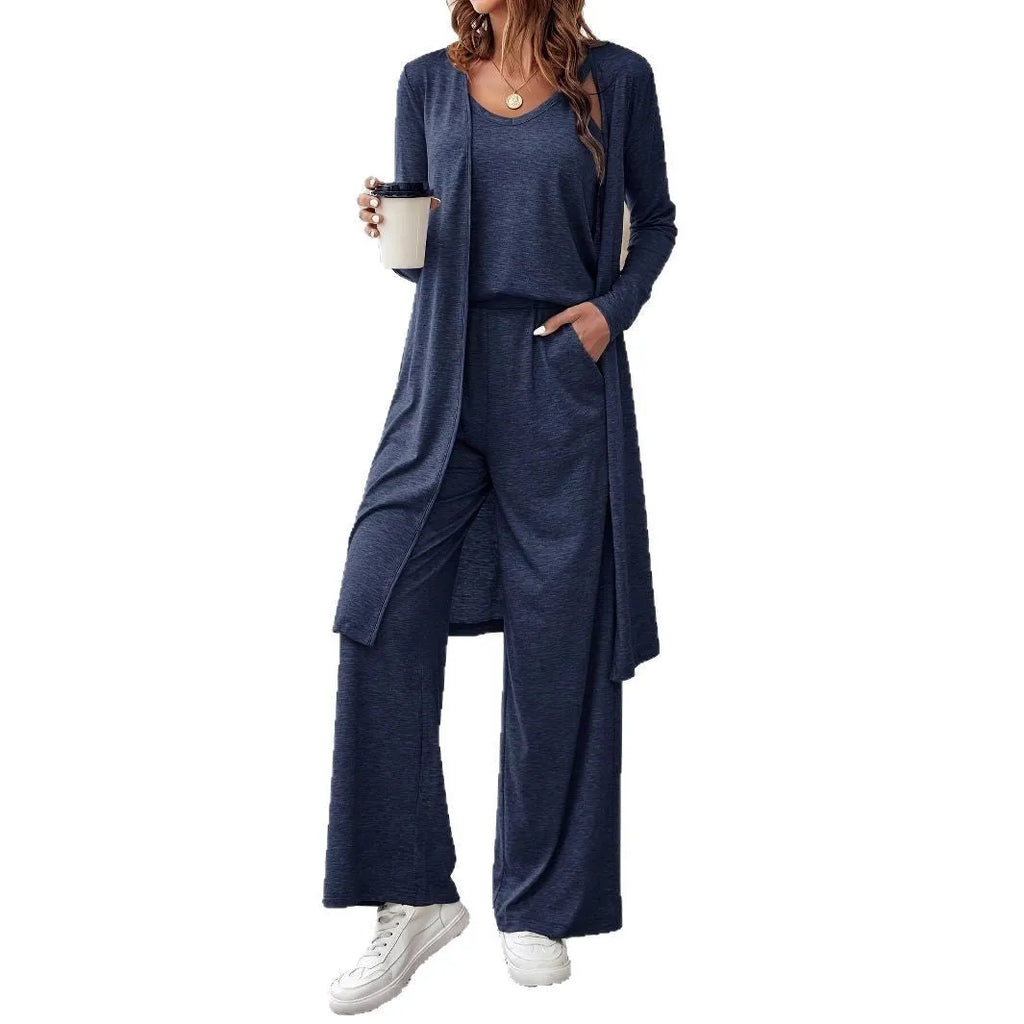 Women's blue three-piece casual suit with sling top, cardigan and trousers