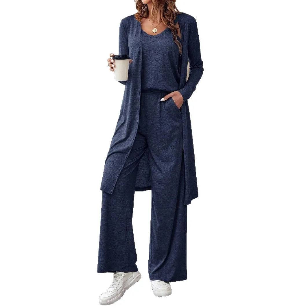 Women's blue three-piece casual suit with sling top, cardigan and trousers
