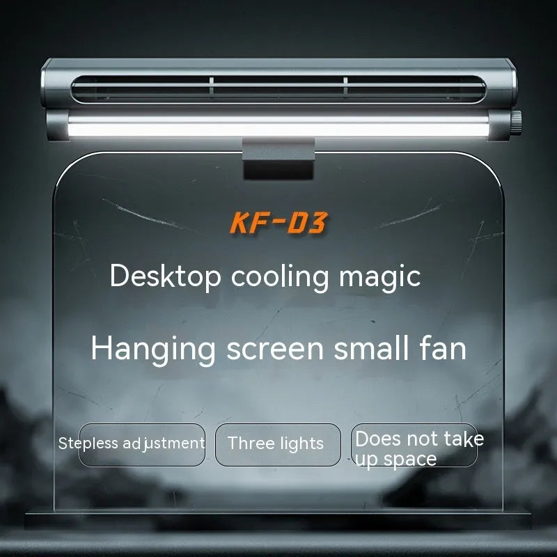 Black clip-on bladeless USB fan with LED lighting mounted on laptop screen showing compact design