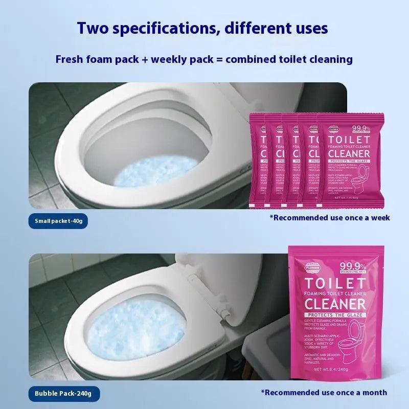 Toilet bubble powder in blue ocean or pink floral scent, in a large bag or box of 5 sachets, for descaling and anti-blocking.