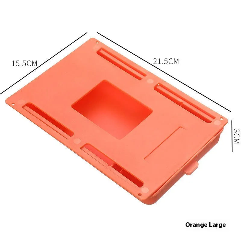 Adhesive under-table plastic storage box with covered lid and internal grid organisation