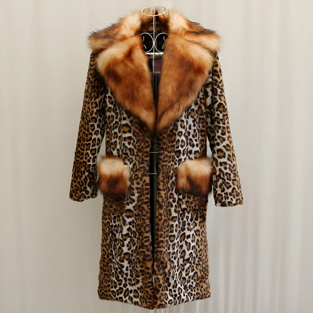 Women's long leopard print artificial fur jacket on a hanger, showing regular sleeves and 80cm length.