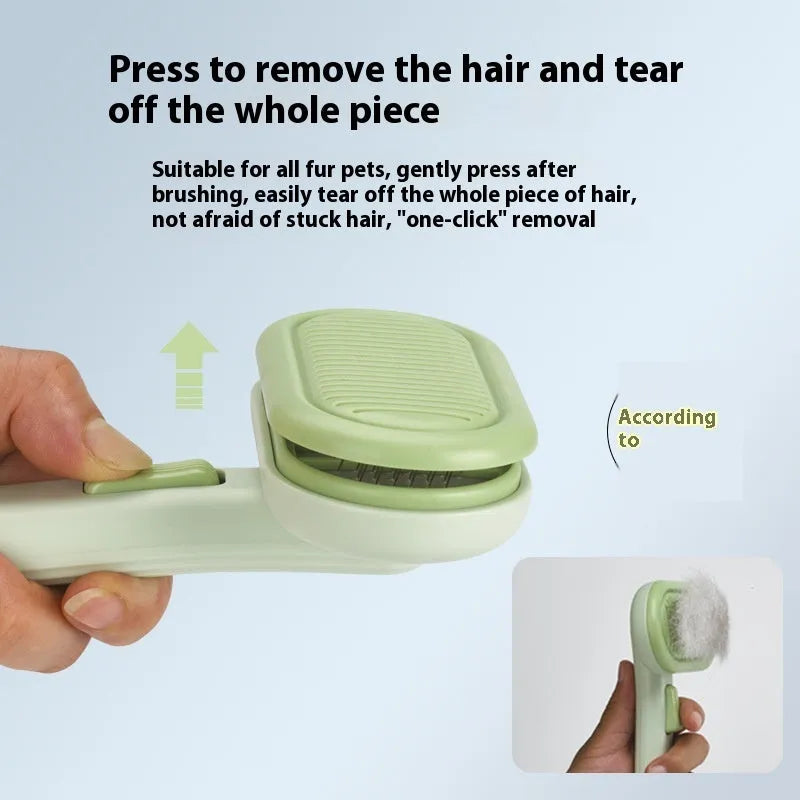 Large pet hair removal comb with stainless steel blades and one-click button for untangling knots