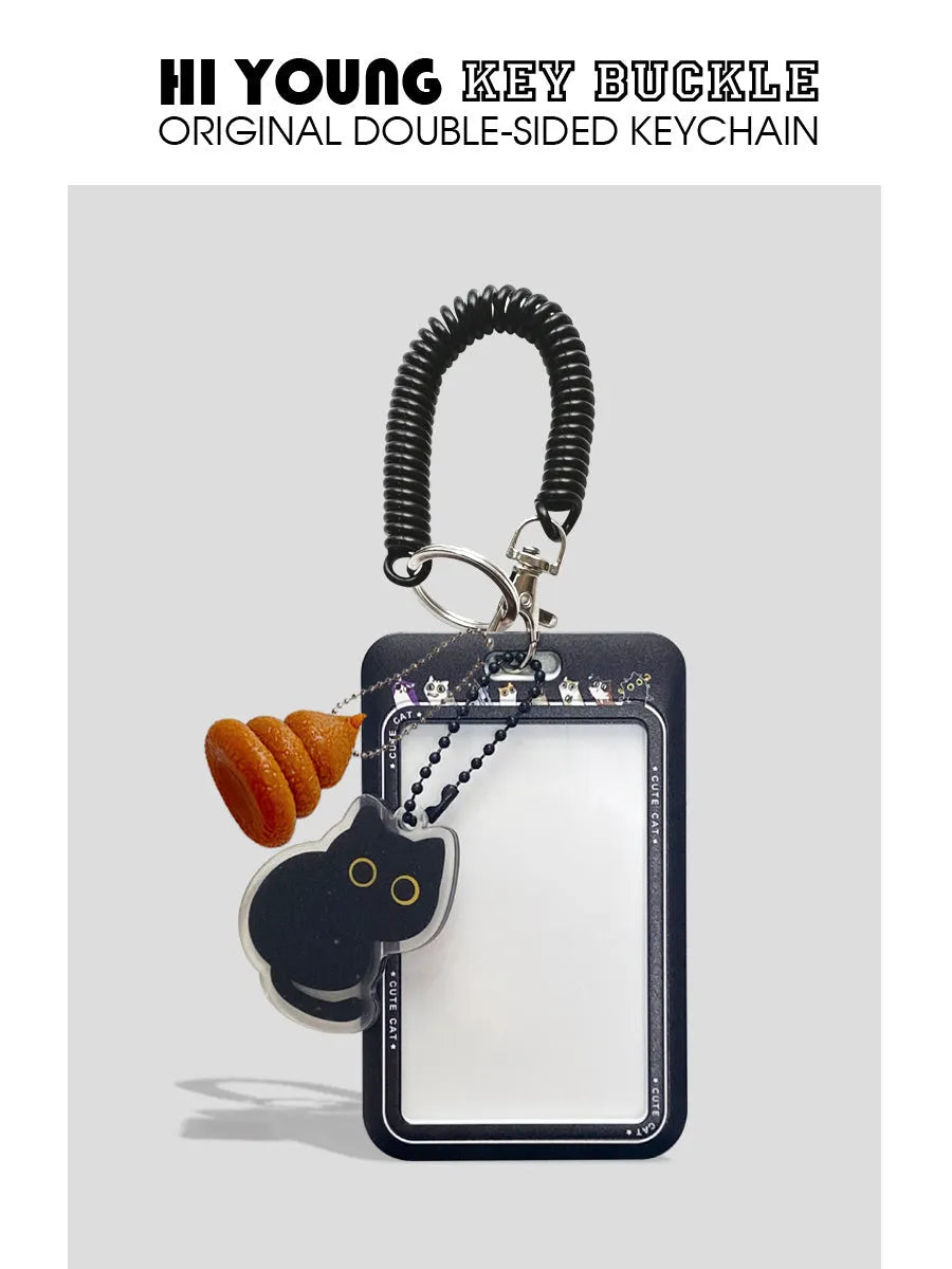 Cute little black cat cartoon plastic card holder with a metal ferrule pendant attached.