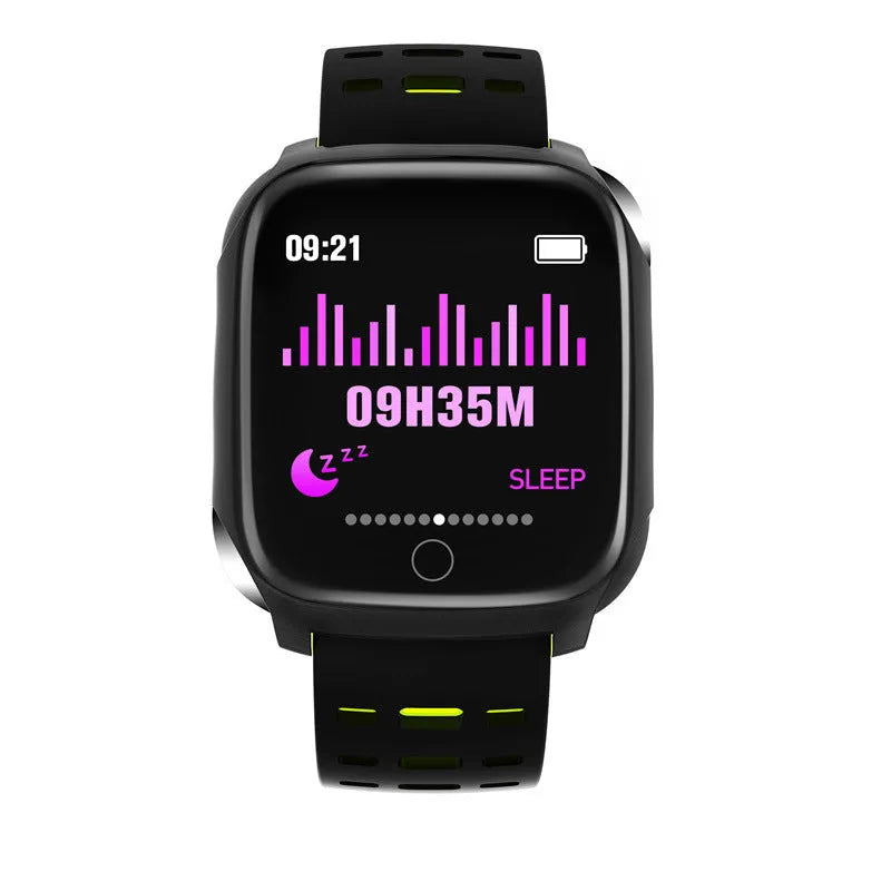 F16 smart watch with ECG function on wrist, showing black grey silicone band and 43mm IPS touchscreen display.