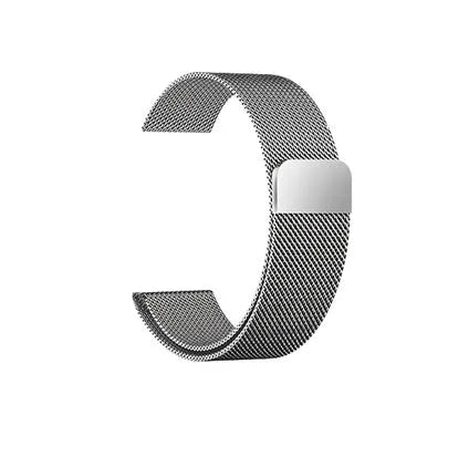Stainless steel watch strap in silver, shown next to a watch case, illustrating the 22mm width.
