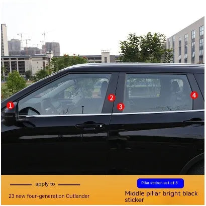 23 New Outlander car window pillar protective vinyl decals in bright black and carbon fibre pattern.