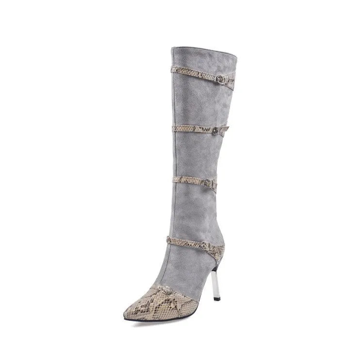 Grey and black women's knee-high boots with a thin high heel on a neutral background.