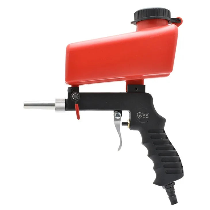 Portable pneumatic sandblasting gun with tank, shown in black or blue, for workshop surface cleaning.