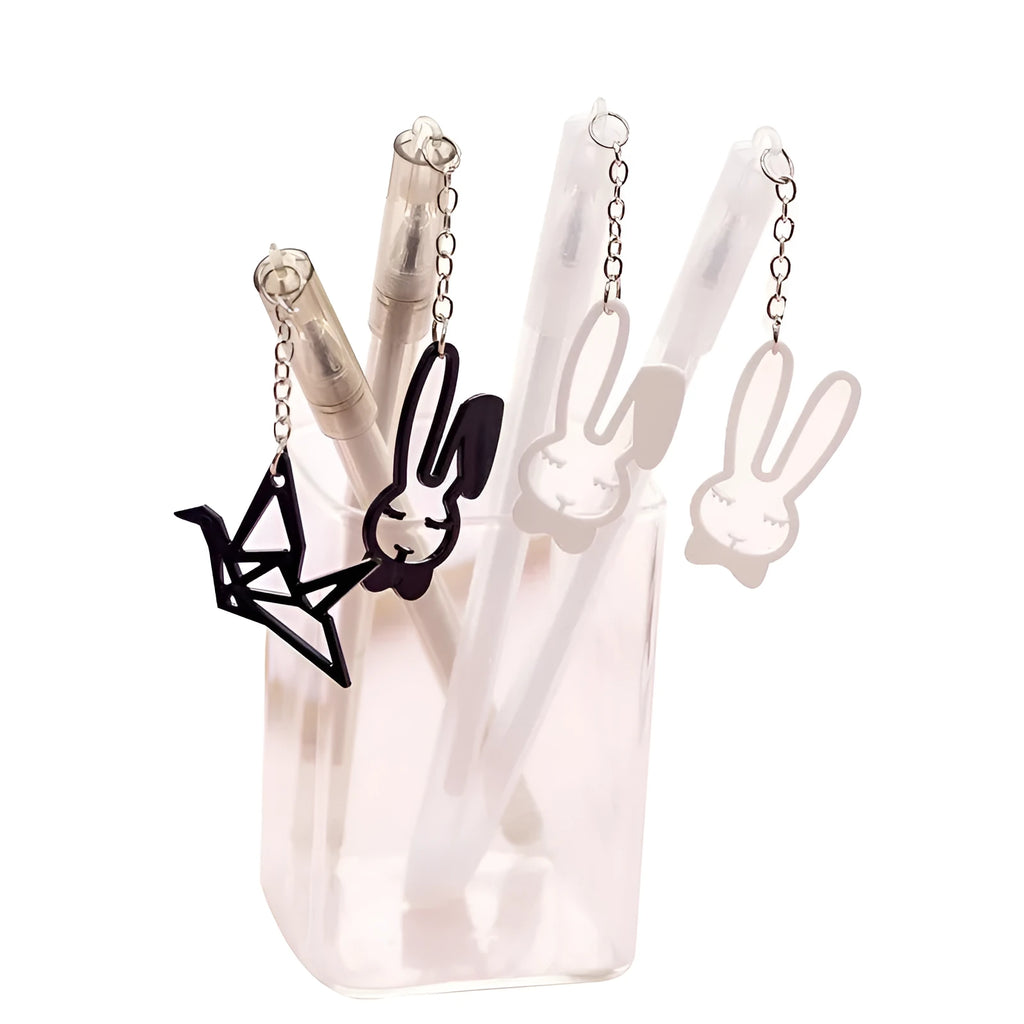 Plastic gel pen with paper crane or rabbit pendant decoration showing 0.38mm tip and 17cm length