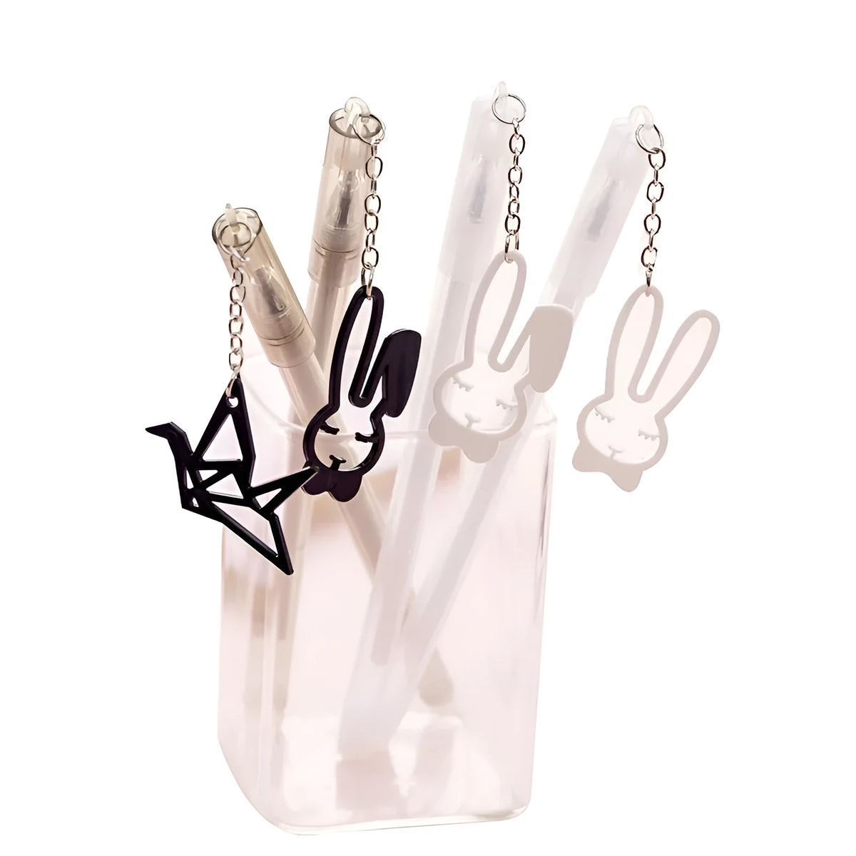 Plastic gel pen with paper crane or rabbit pendant decoration showing 0.38mm tip and 17cm length