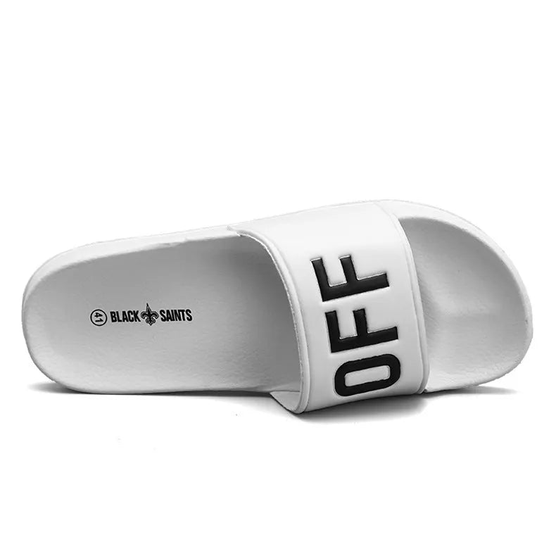 Large men's personalised slippers with rubber sole and open toe design in black or white colours