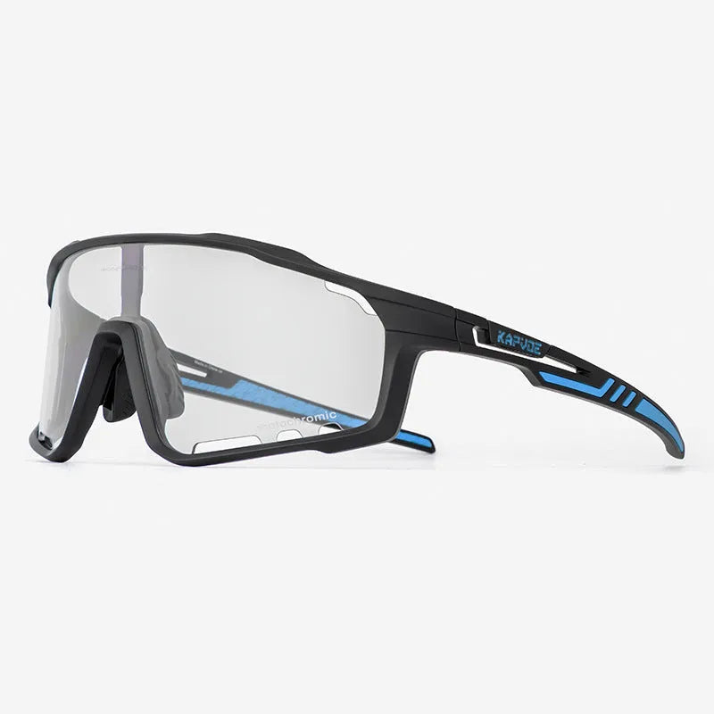 TR90 semi-rimless cycling goggles with a light-adaptive photochromic lens for outdoor sports.