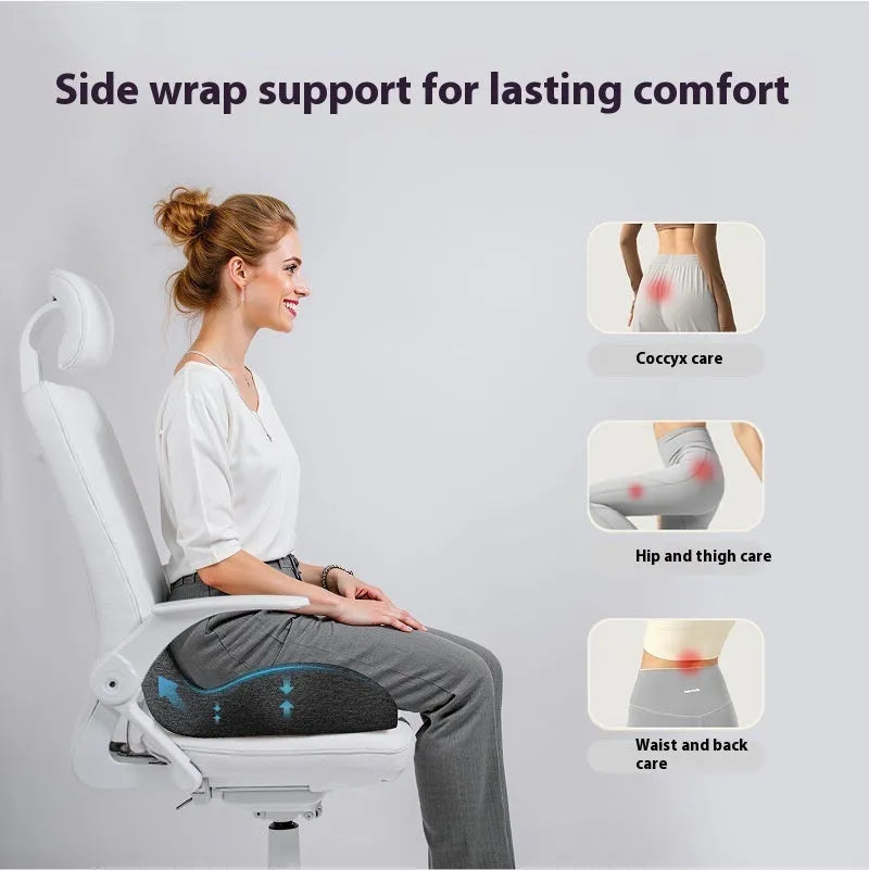 Office memory foam chair cushion in light grey colour showing 12cm thickness and 46x43cm dimensions