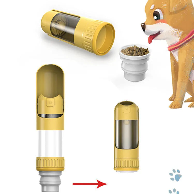 Portable dark blue dog water bottle with integrated drinking bowl, shown alongside a dog.