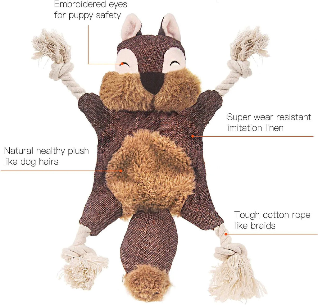 Brown fox dog toy with squeaker, crinkle paper, and cotton rope arms