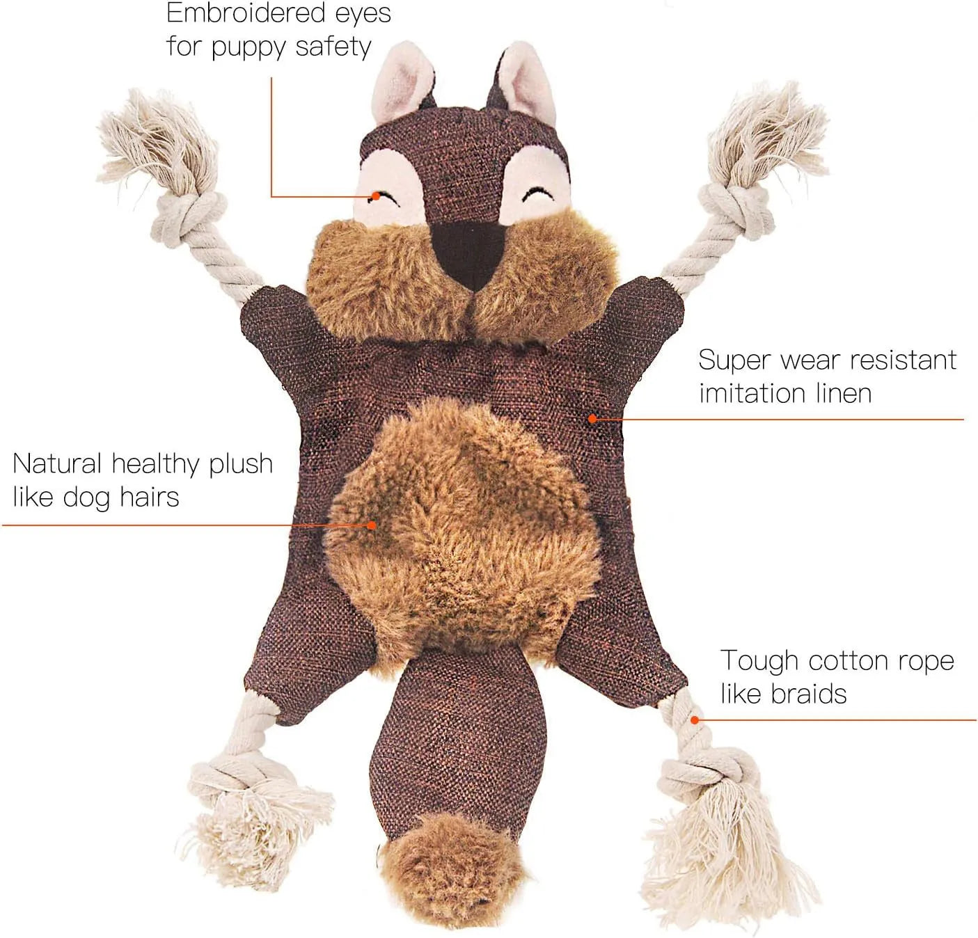 Brown fox dog toy with squeaker, crinkle paper, and cotton rope arms