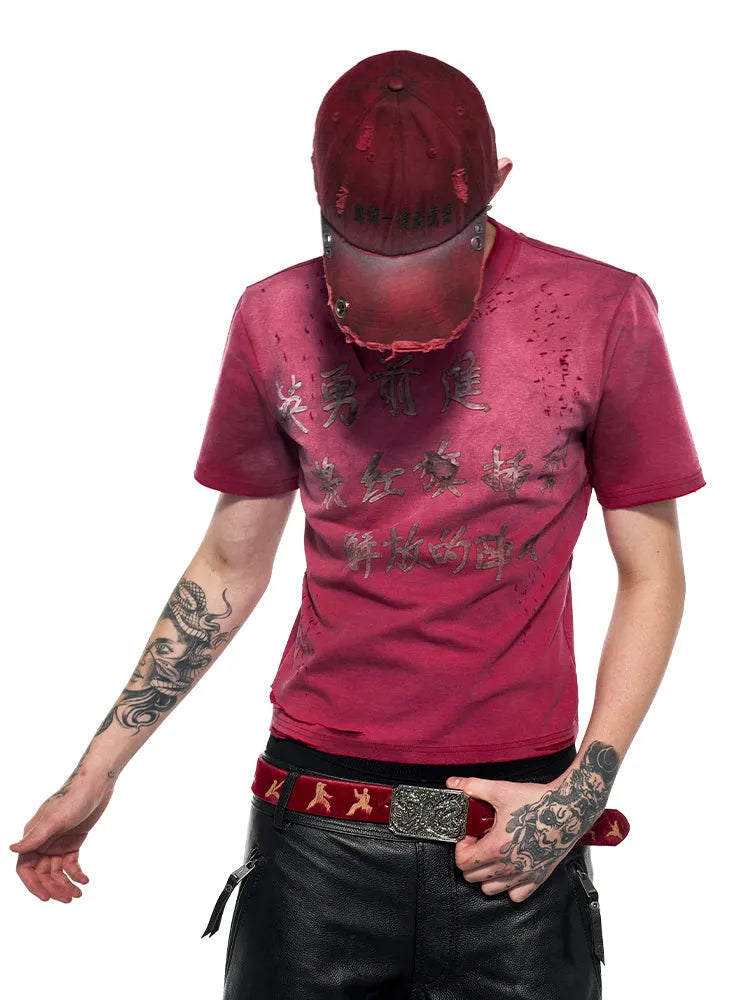 Men's red distressed slim fit T-shirt with short sleeves and round neck collar