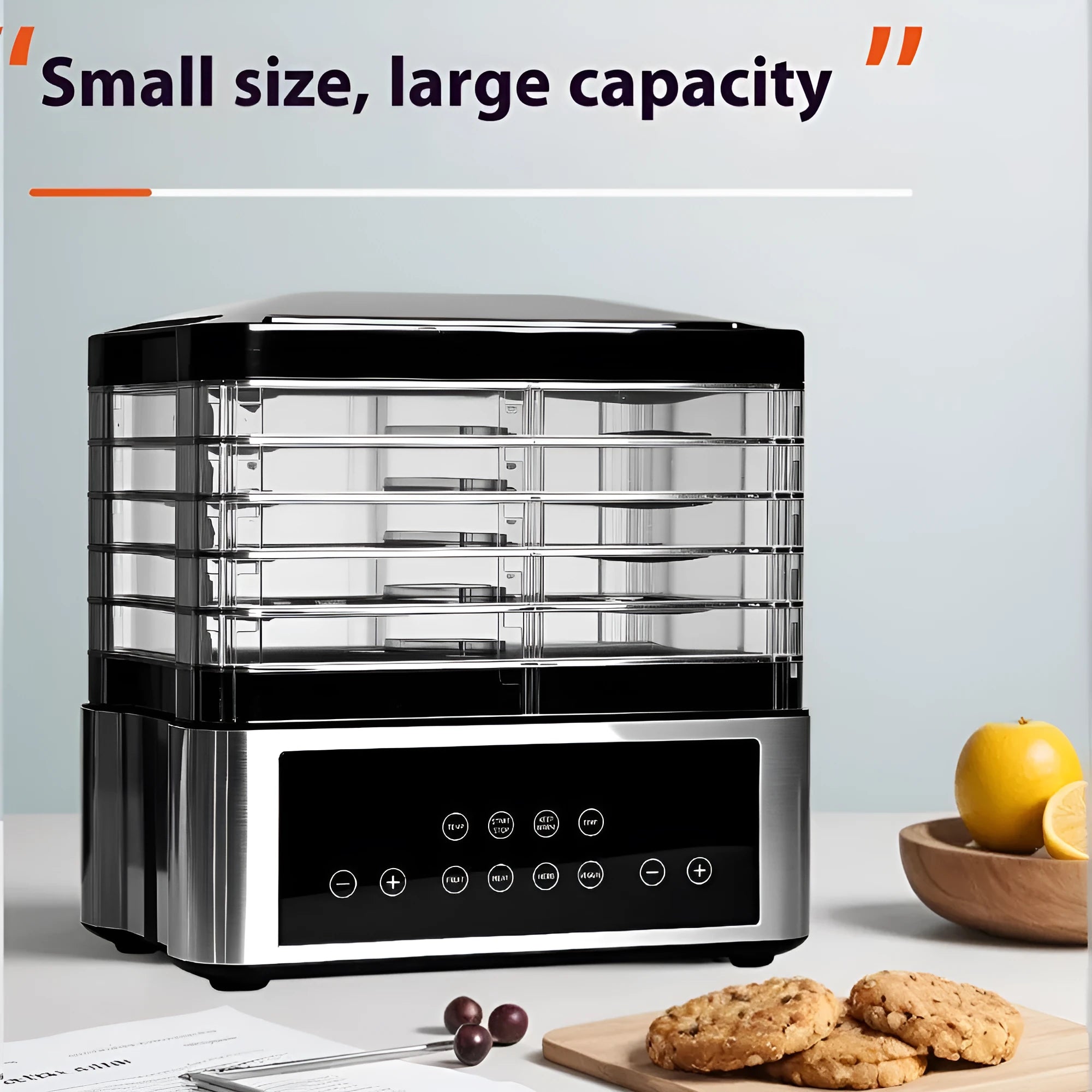 Silver stainless steel fruit dehydrator with 14 litre capacity and temperature control dial