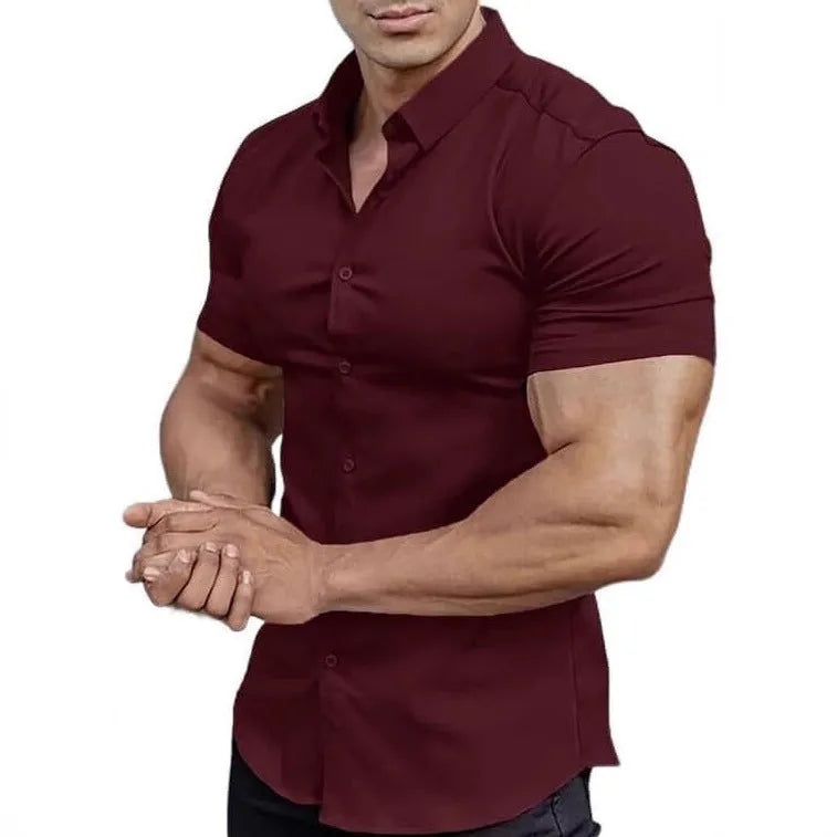 Men's casual short sleeve printed shirt cardigan in polyester, shown in brown colour.