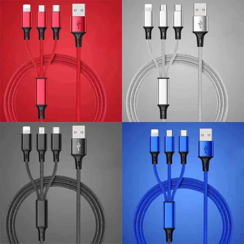 Braided 3-in-1 universal charging cable with aluminium connectors in multiple colours