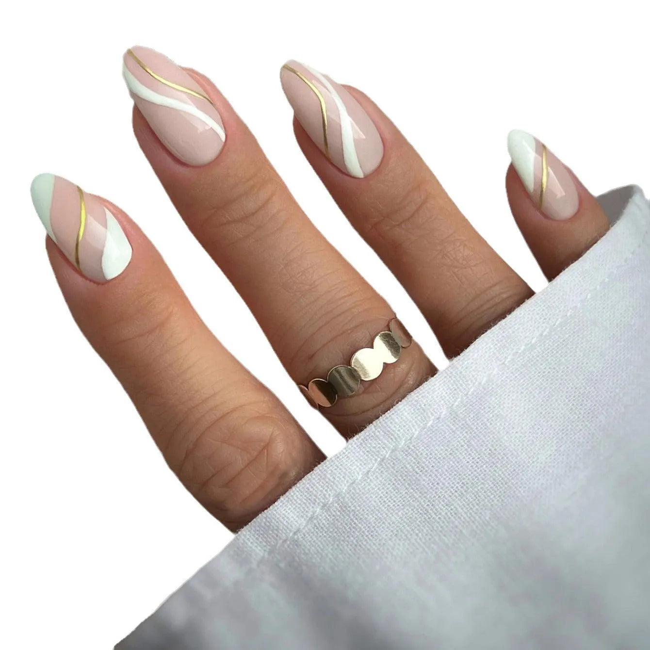 Golden Lines plaid pattern wearable nail stickers with jelly glue for medium drop-shaped fingernails.