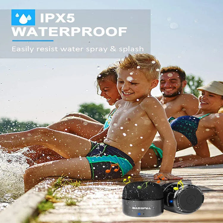 Black portable mini pocket Bluetooth speaker with waterproof construction and radio function