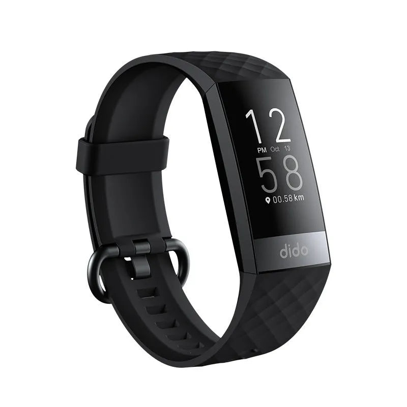 Black smart health monitoring bracelet with a 1.1-inch screen on a wrist strap.