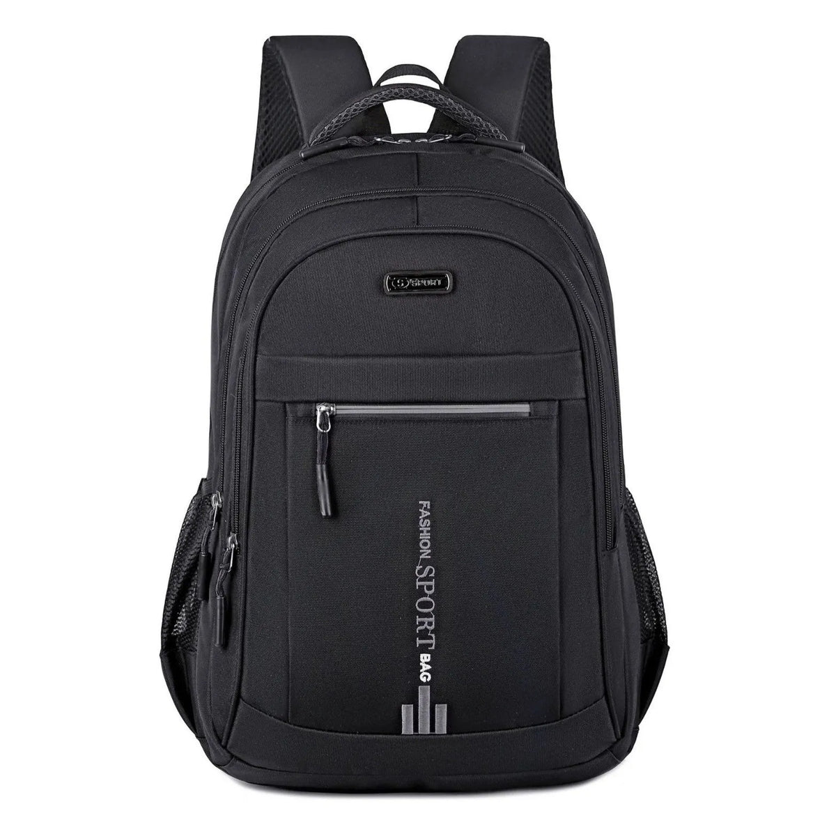 Black Oxford cloth business backpack with airpillow straps, shown open to reveal interior capacity.
