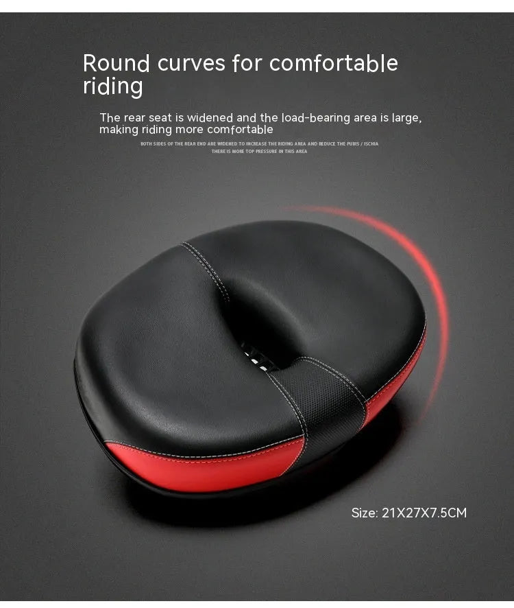 Large red bicycle saddle with reflective stickers and shock absorber for plus-size riders