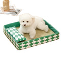 Blue rattan cat mat with anti-slip base shown in L 70x50cm size on wooden floor