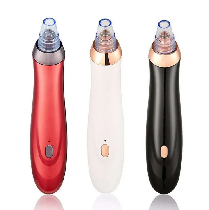 Electric blackhead remover device with five nozzle attachments in black, gold, red, or white colour options.