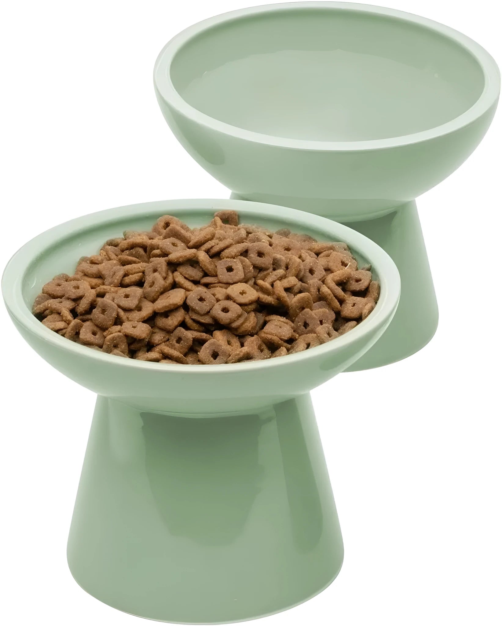 Extra-wide ceramic elevated cat bowl in blue colour showing shallow design