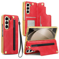 Samsung Z Fold PU phone case with folding bracket, pen slot and electroplated finish in black, brown, green or red