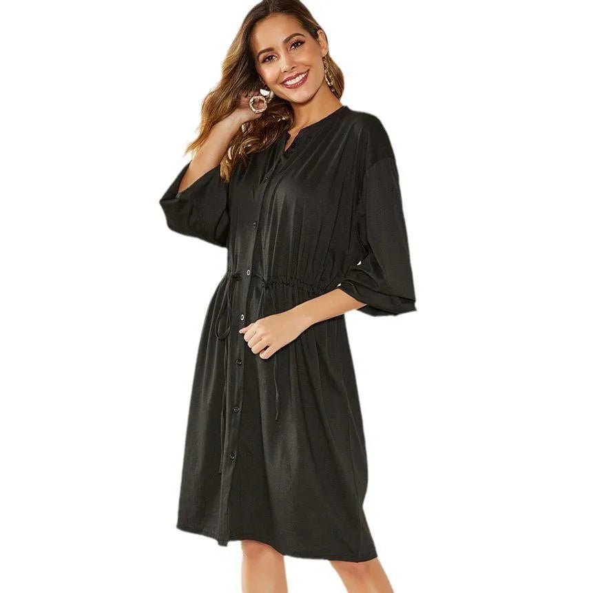 Polyester A-line dress with elastic waist and long sleeves featuring elastic cuffs