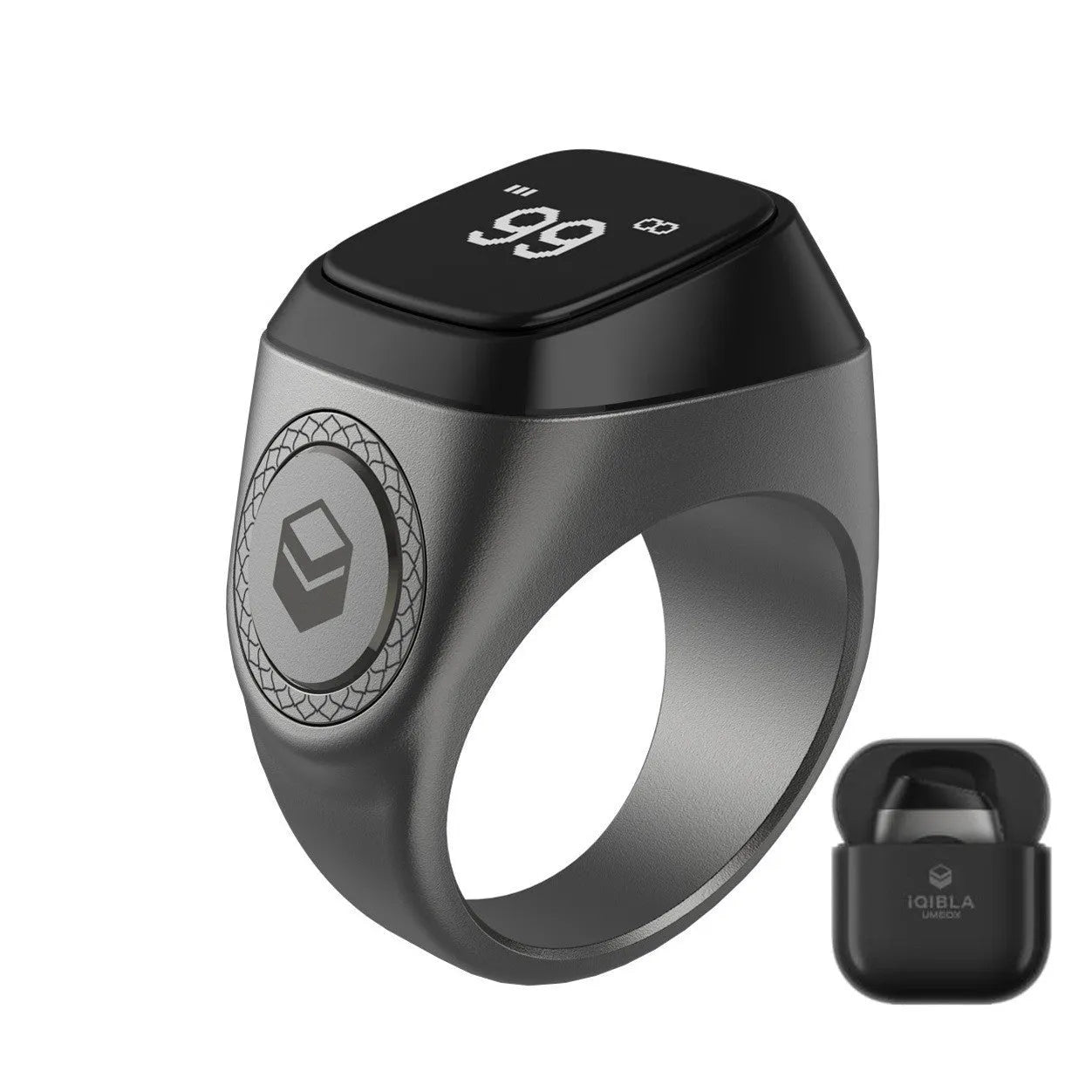 Zikr1 metal smart ring in black with OLED display and single button, shown with charging case.