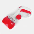 Blue ABS plastic pet pooper scooper with built-in trash bag holder and top hook.