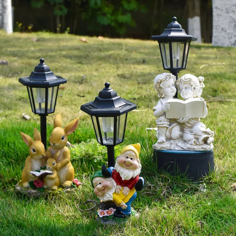 Solar hexagonal garden lamp resin craft in outdoor garden setting with decorative sculpture design