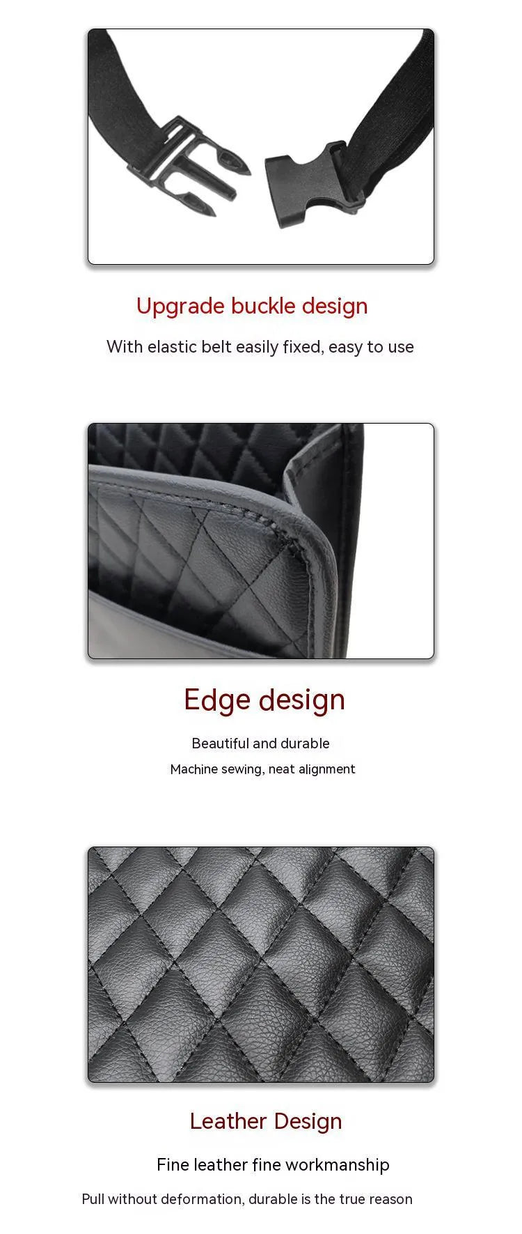 Leather hanging storage bag for car interior, shown in black, mounted on a car seat.